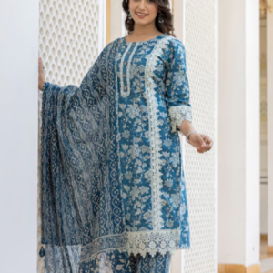 Blue Printed Pure Cotton Kurta With Trousers & Dupatta#1-BPPCKTD